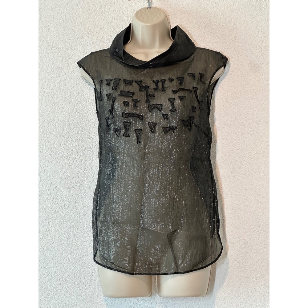 Trend Les Copains Silk Blend Sheer Metallic Applique Cowl Neck Top Grey IT 42